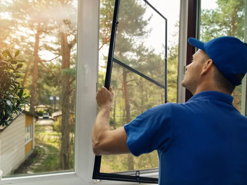 thợ lắp lưới chống muỗi ở cửa sổ để ngăn muỗi vào nhà