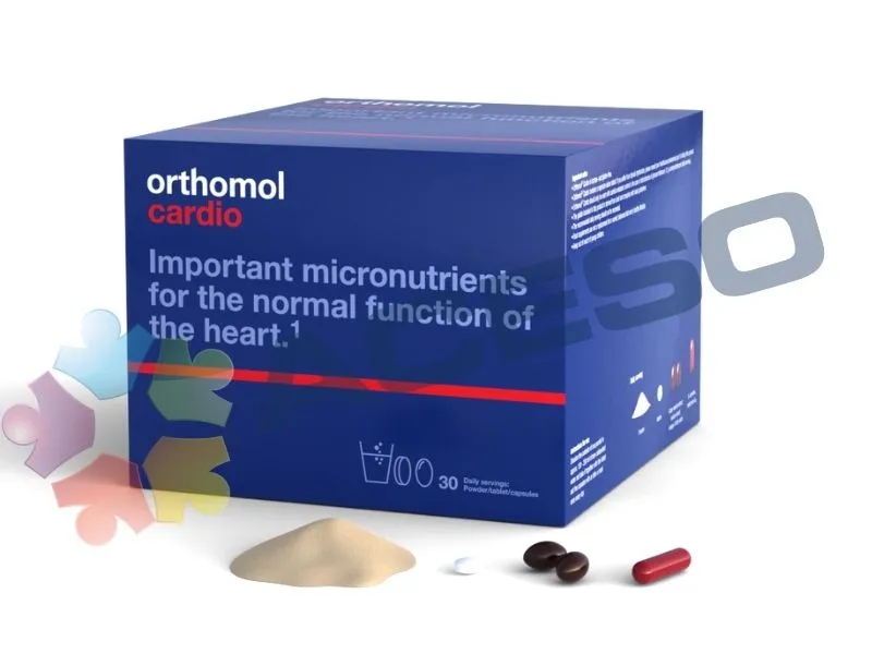 Hình ảnh hộp sản phẩm Orthomol Cardio và viên thuốc cùng bột pha bên trong
