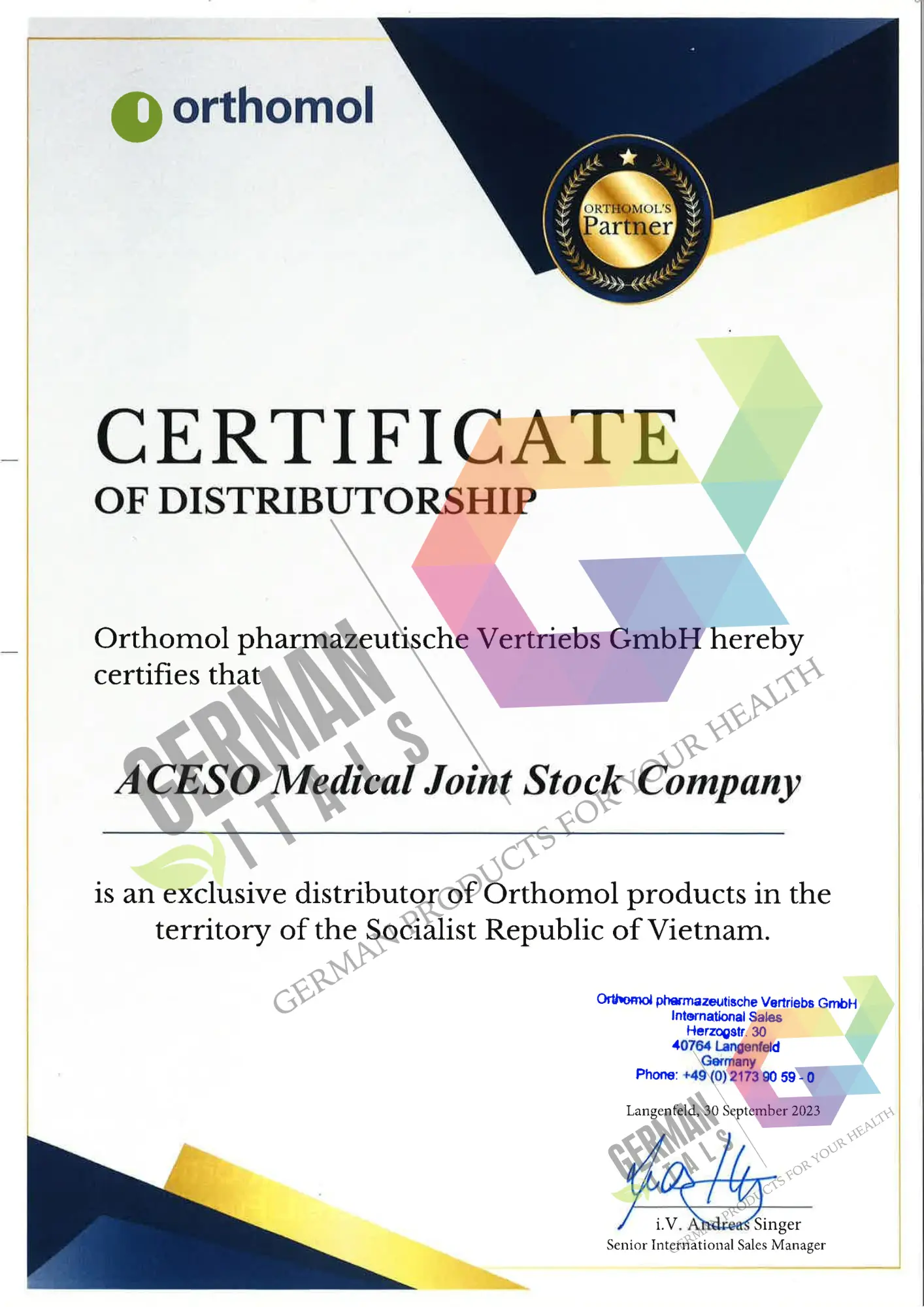Chứng nhận Công ty ACESO là nhà phân phối chính thức của hãng Orthomol
